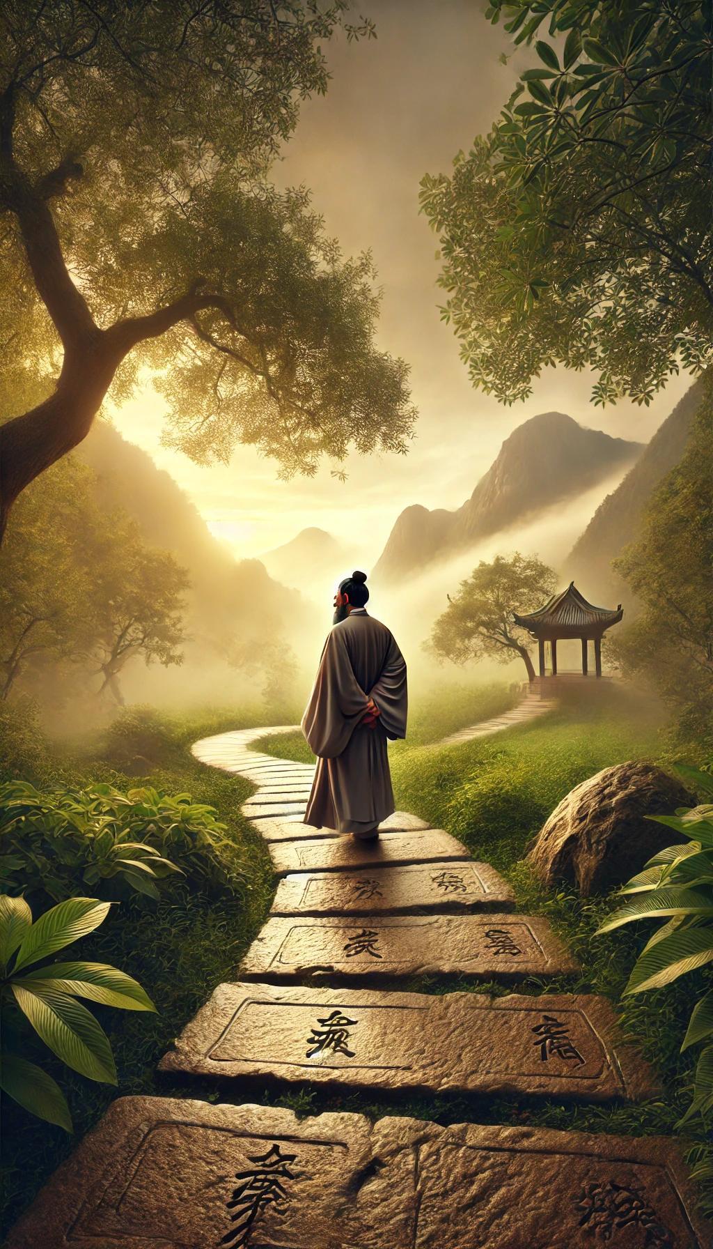 Confucius walking the path toward the Moon Gate